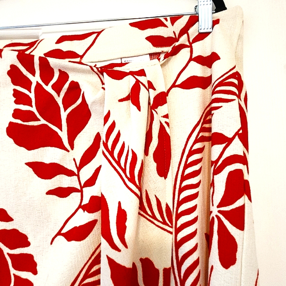 H&M Leaf Print Faux Wrap Red And Cream Midi Skirt Comfortable With Stretch - Picture 6 of 9